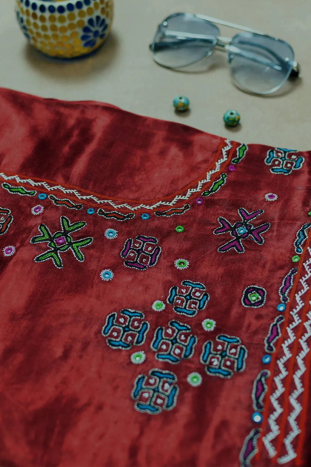 Deep Burnt Maroon Kutch Embroidered Mashru Silk Blouse