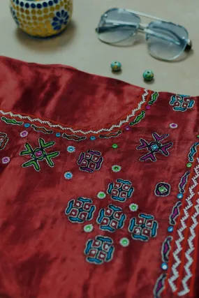 Deep Burnt Maroon Kutch Embroidered Mashru Silk Blouse