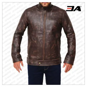 Distressed Brown Snap Tab Leather Jacket