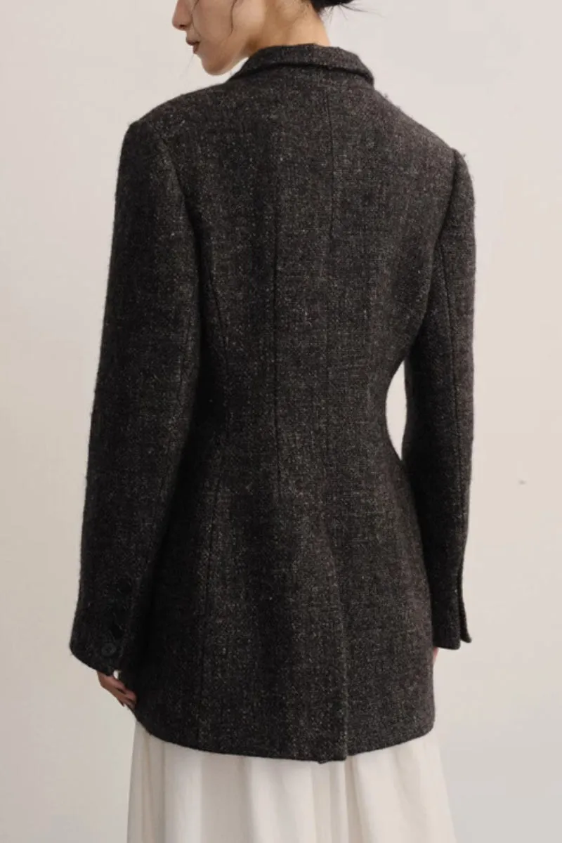 Double Breasted Wool-Blend Suit Jacket Blazer with Cinched Waist