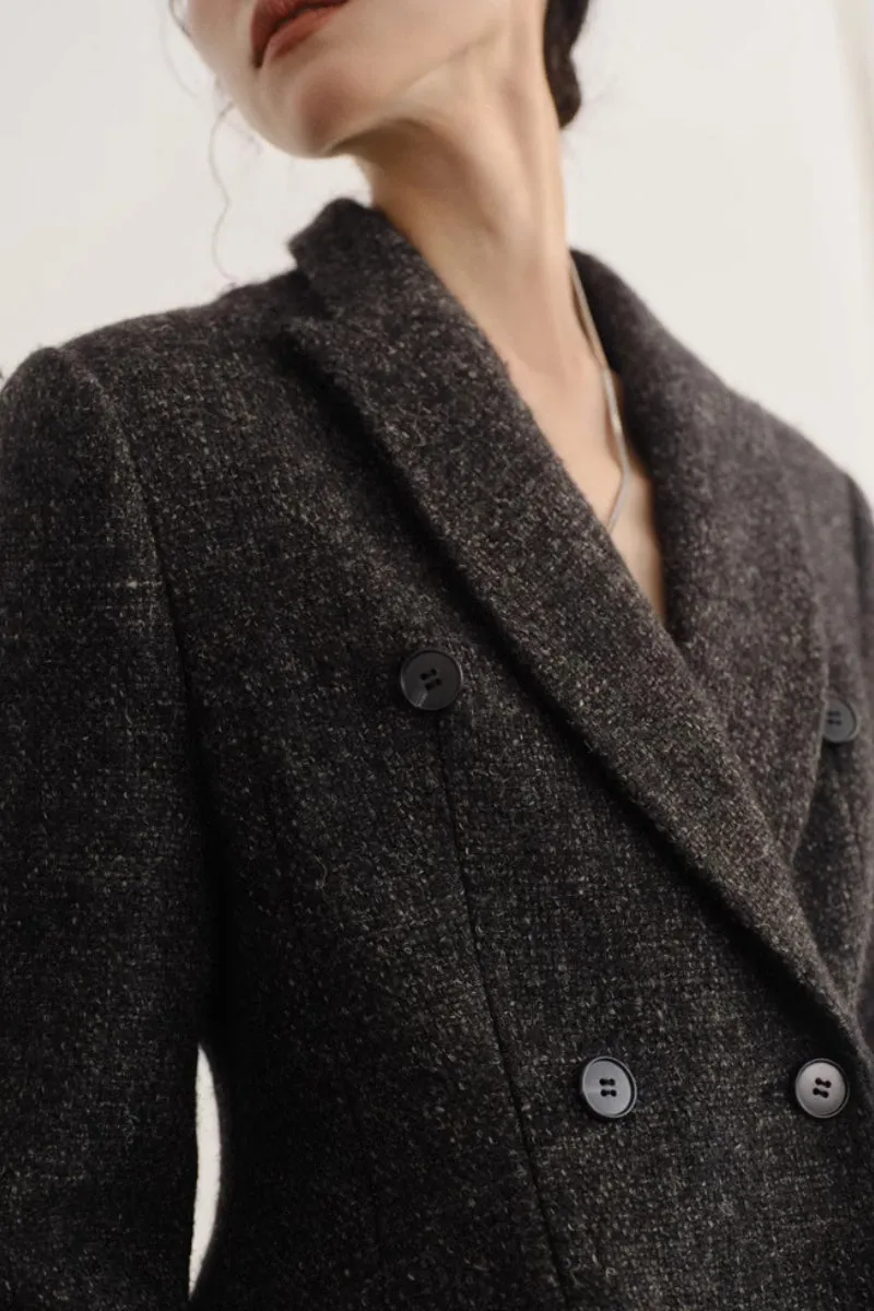 Double Breasted Wool-Blend Suit Jacket Blazer with Cinched Waist