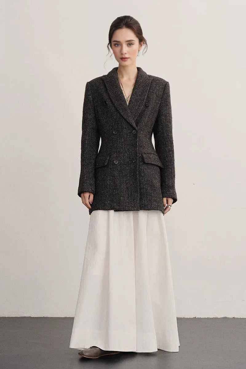 Double Breasted Wool-Blend Suit Jacket Blazer with Cinched Waist