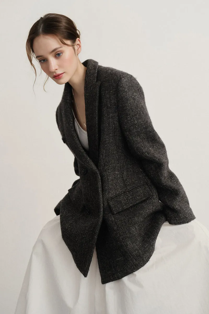 Double Breasted Wool-Blend Suit Jacket Blazer with Cinched Waist