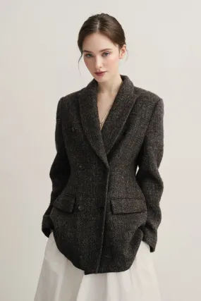Double Breasted Wool-Blend Suit Jacket Blazer with Cinched Waist