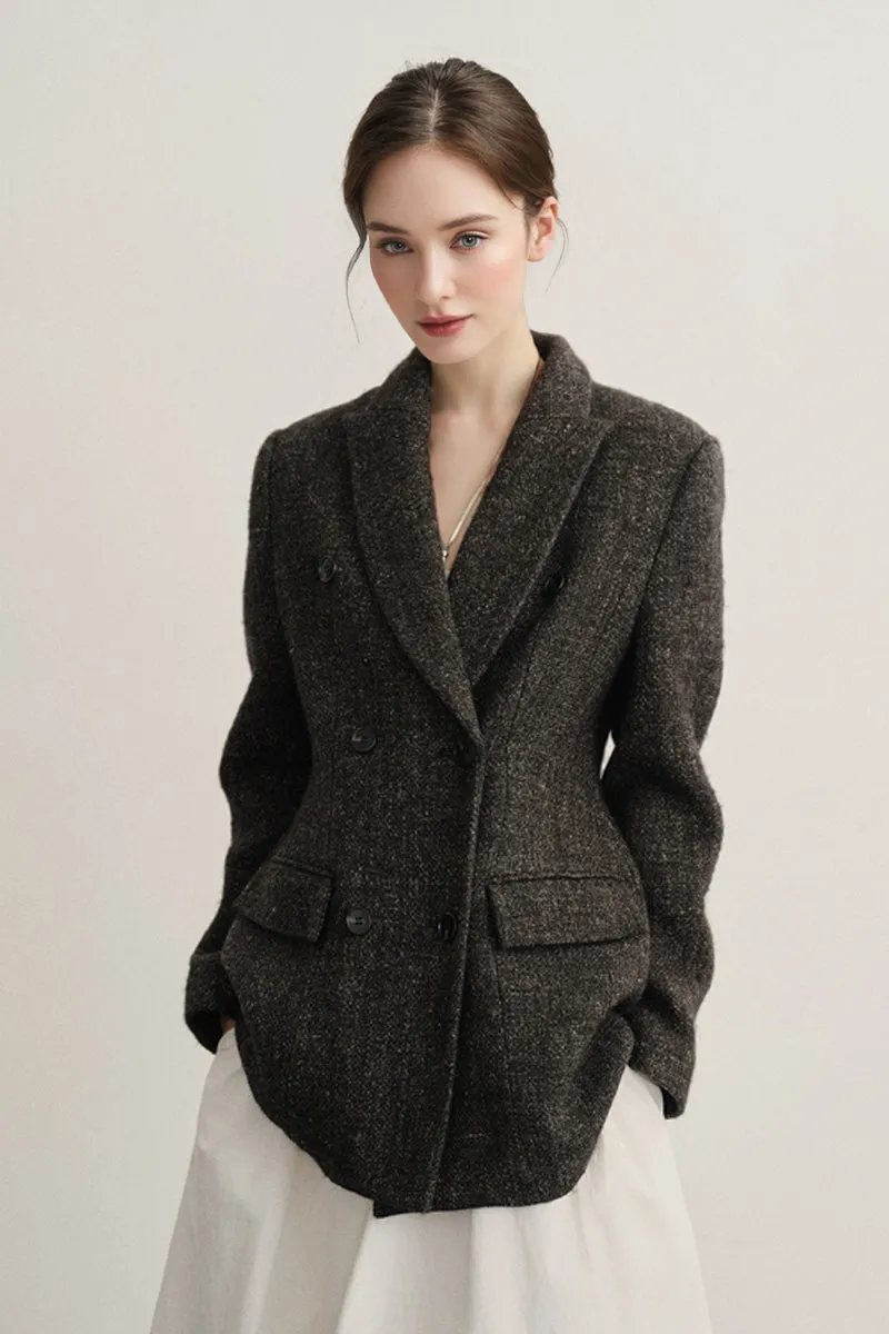 Double Breasted Wool-Blend Suit Jacket Blazer with Cinched Waist