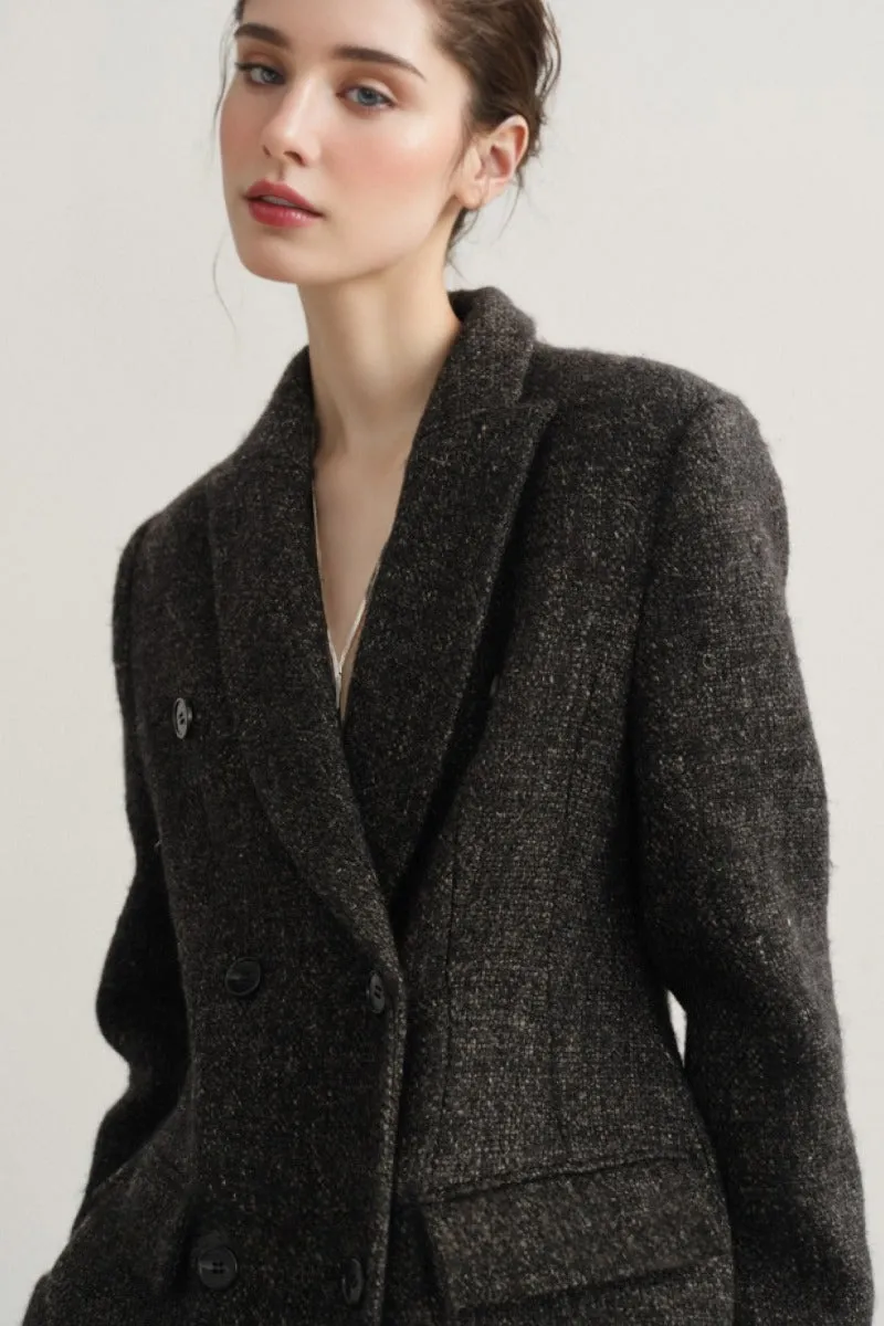 Double Breasted Wool-Blend Suit Jacket Blazer with Cinched Waist