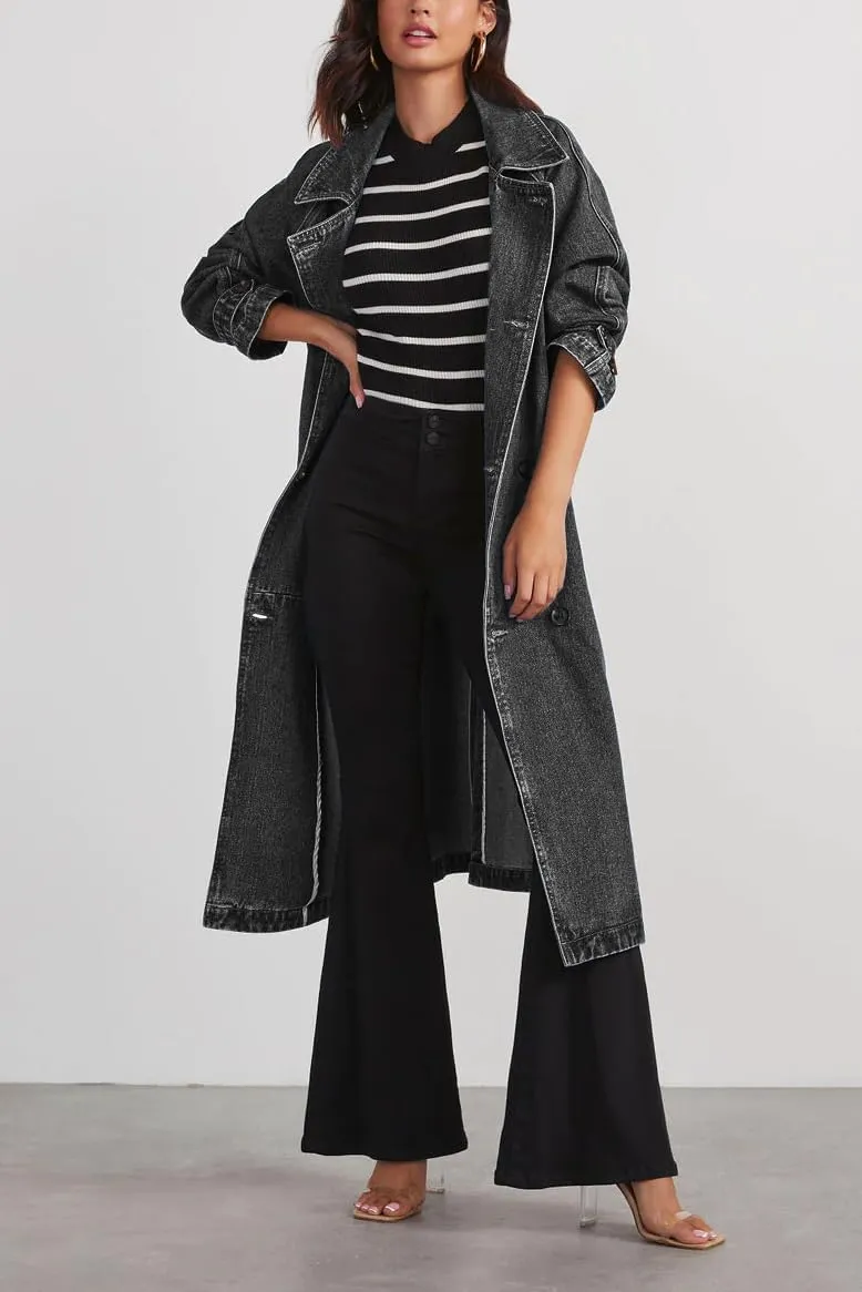 ELFTOWN Women's Double Breasted Lapel Belted Maxi Long Denim Jacket Distressed Long Sleeve Jean Trench Coat with Pockets