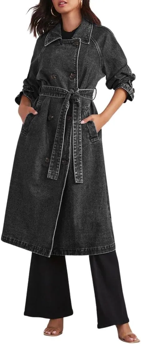 ELFTOWN Women's Double Breasted Lapel Belted Maxi Long Denim Jacket Distressed Long Sleeve Jean Trench Coat with Pockets