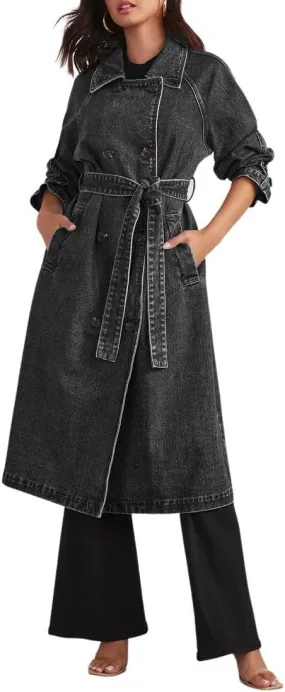 ELFTOWN Women's Double Breasted Lapel Belted Maxi Long Denim Jacket Distressed Long Sleeve Jean Trench Coat with Pockets