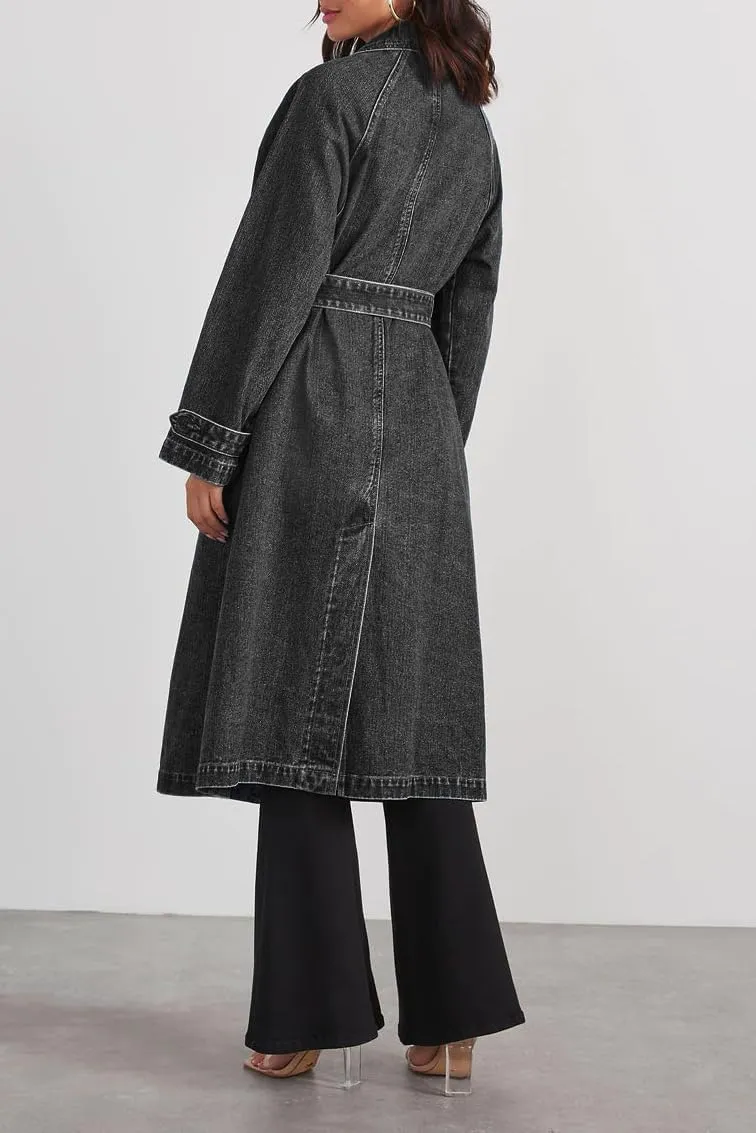 ELFTOWN Women's Double Breasted Lapel Belted Maxi Long Denim Jacket Distressed Long Sleeve Jean Trench Coat with Pockets