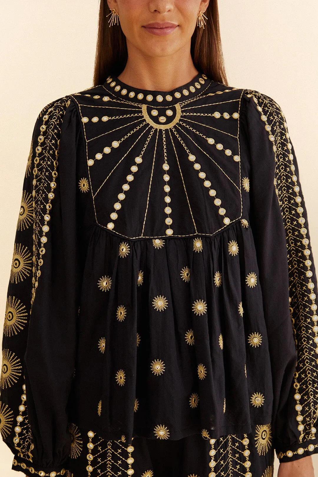Farm Rio Sun Embroidered Cotton Blouse