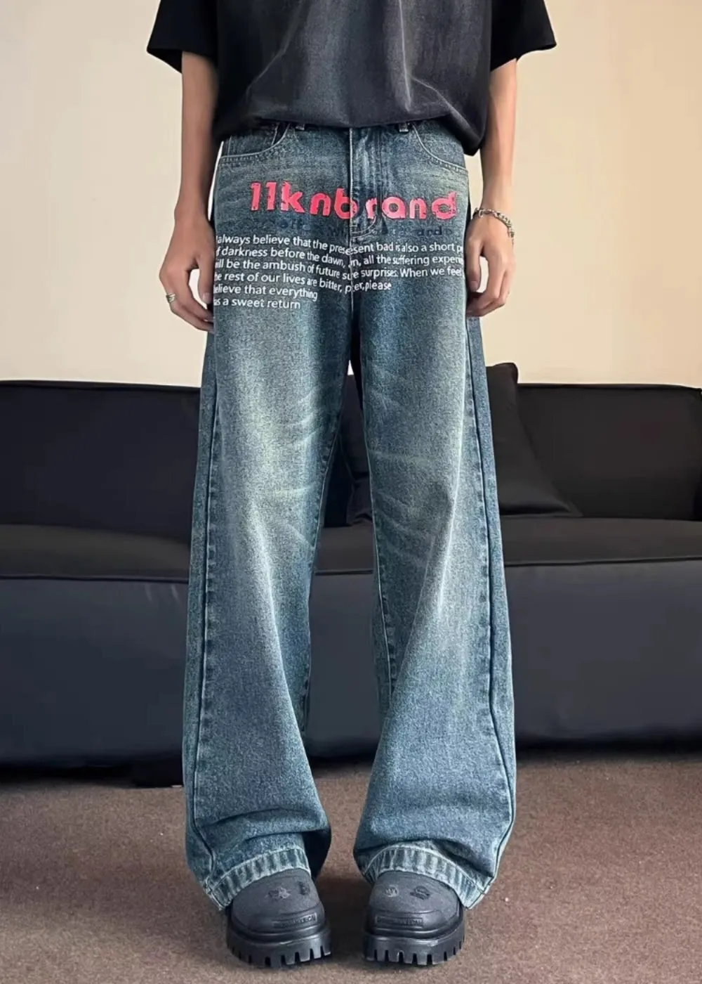 Fashion Blue Pockets Graphic Men Straight Jeans SA027