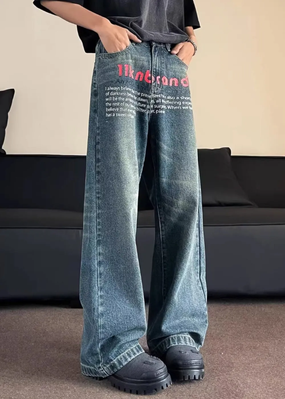 Fashion Blue Pockets Graphic Men Straight Jeans SA027