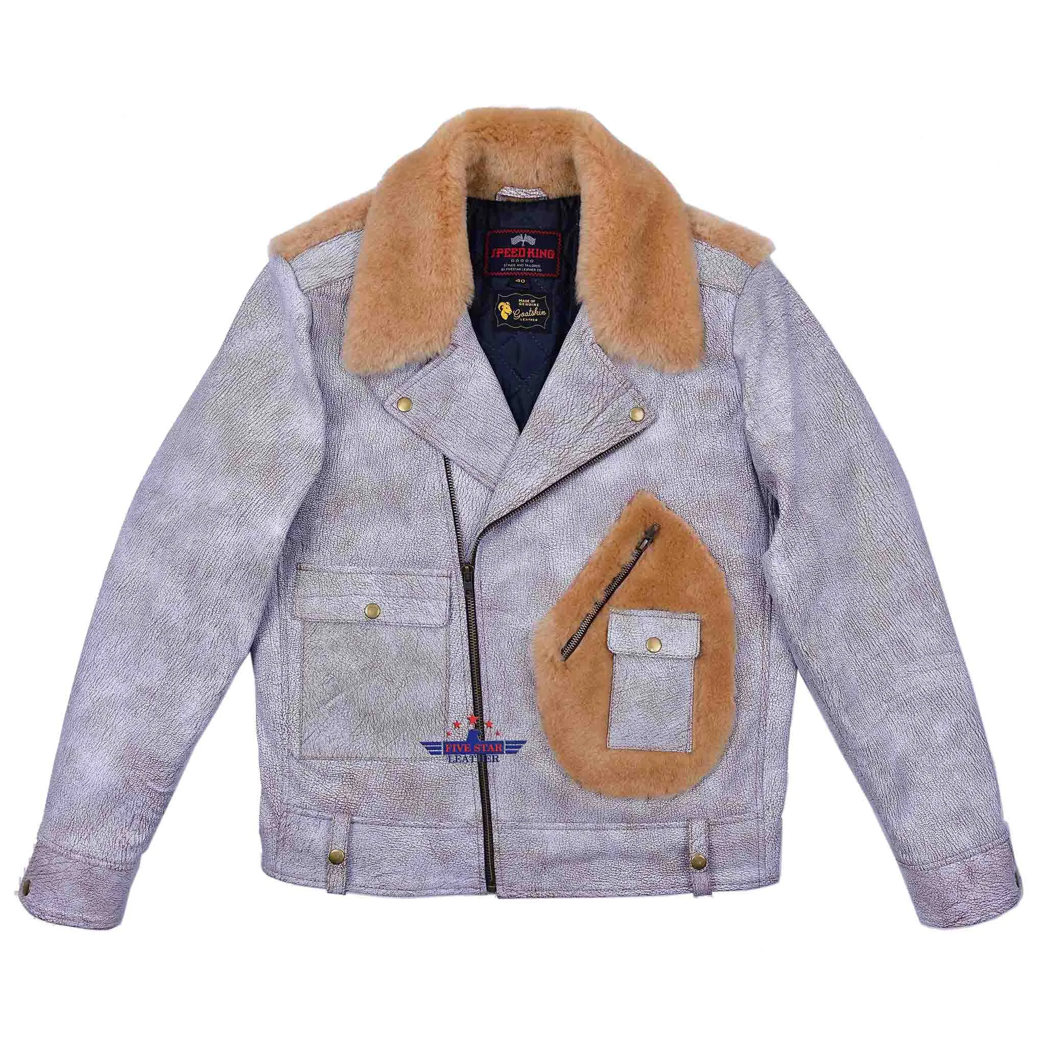 FiveStar Leather SpeedKing Cycle Champ Grizzly Style Back Jacket White Distressed