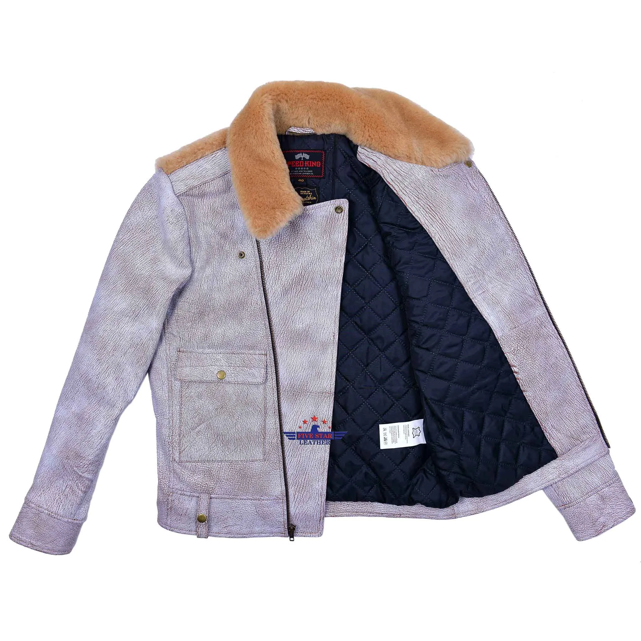 FiveStar Leather SpeedKing Cycle Champ Grizzly Style Back Jacket White Distressed