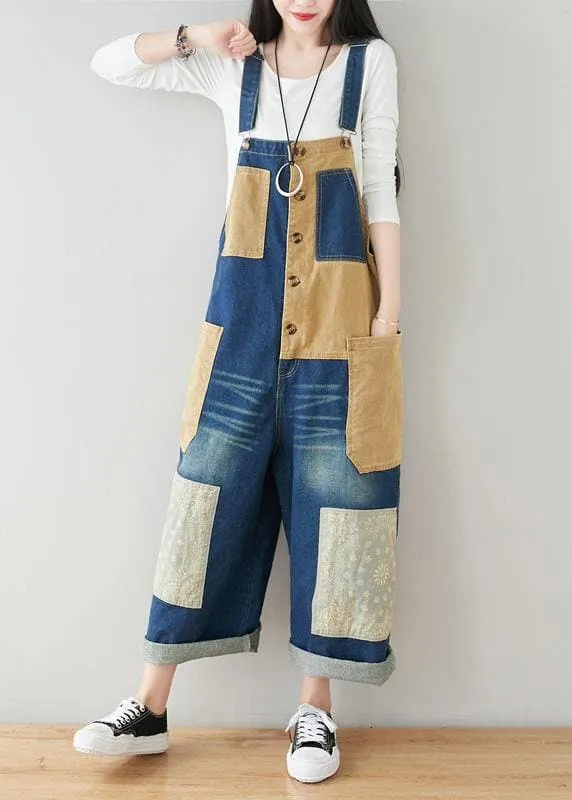 French Baby Blue Patchwork Jeans Jumpsuit Women