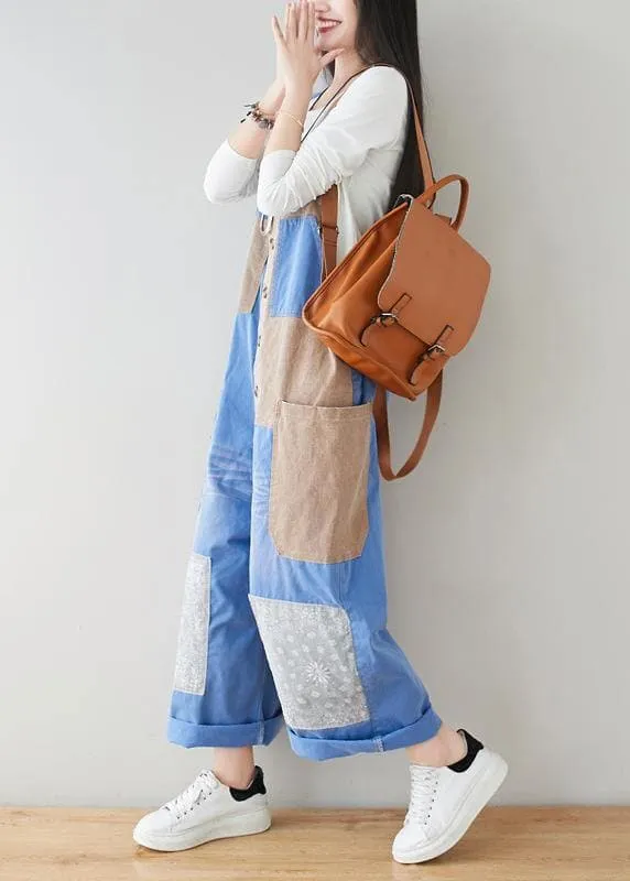French Baby Blue Patchwork Jeans Jumpsuit Women