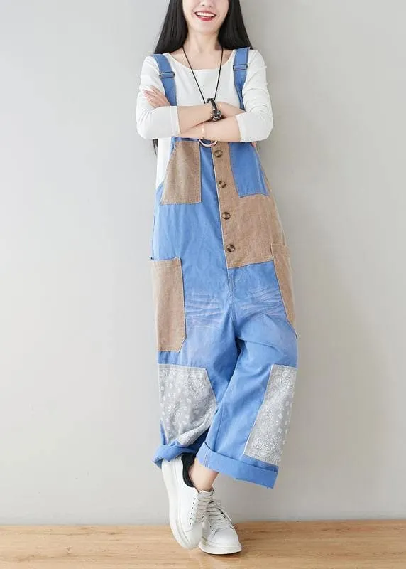 French Baby Blue Patchwork Jeans Jumpsuit Women