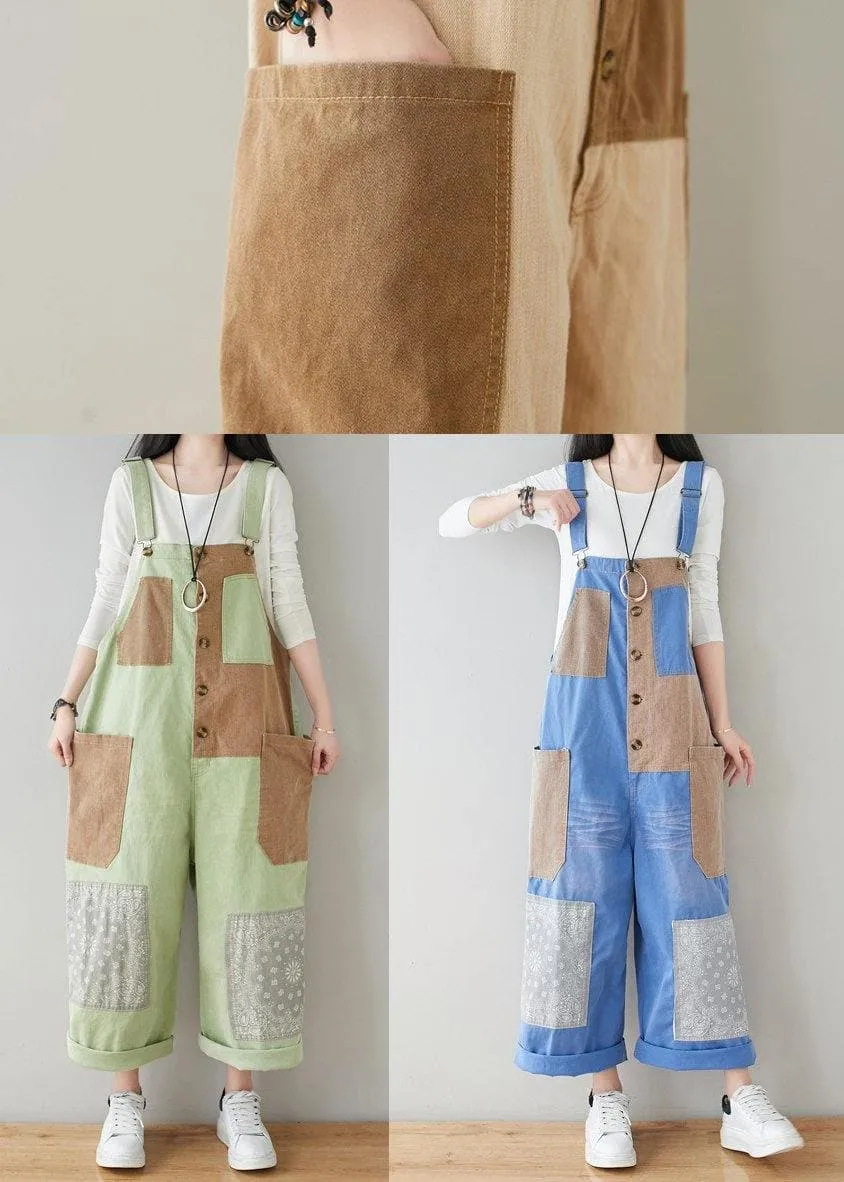 French Baby Blue Patchwork Jeans Jumpsuit Women
