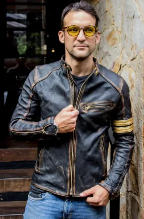 GOLD 19 Leather Jacket washed distressed black & gold stripes