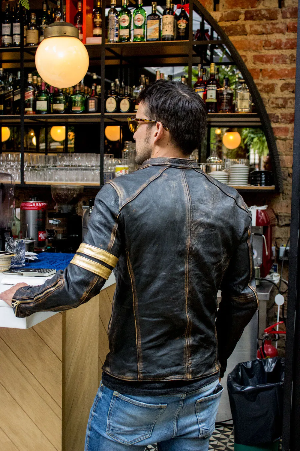 GOLD 19 Leather Jacket washed distressed black & gold stripes