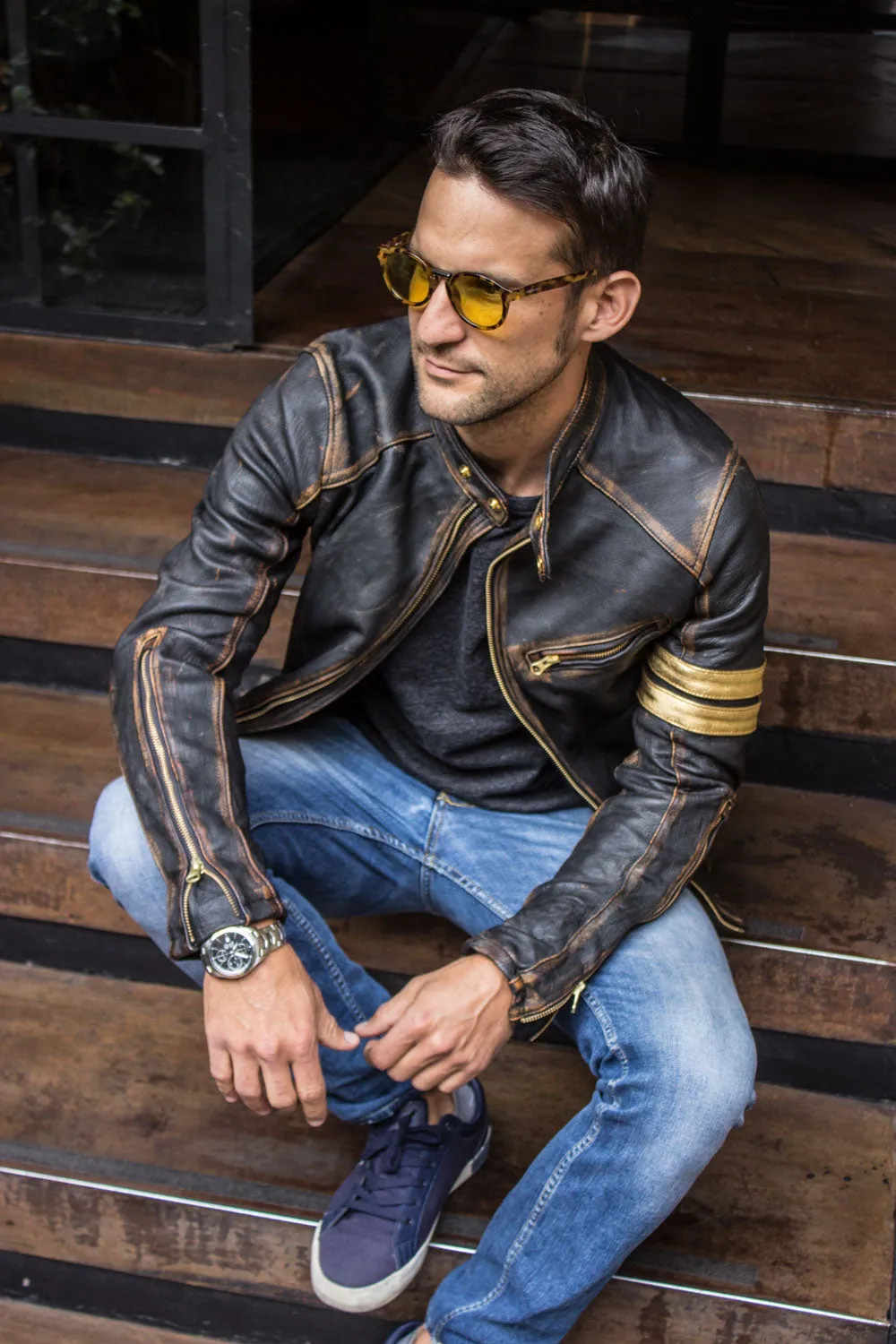 GOLD 19 Leather Jacket washed distressed black & gold stripes