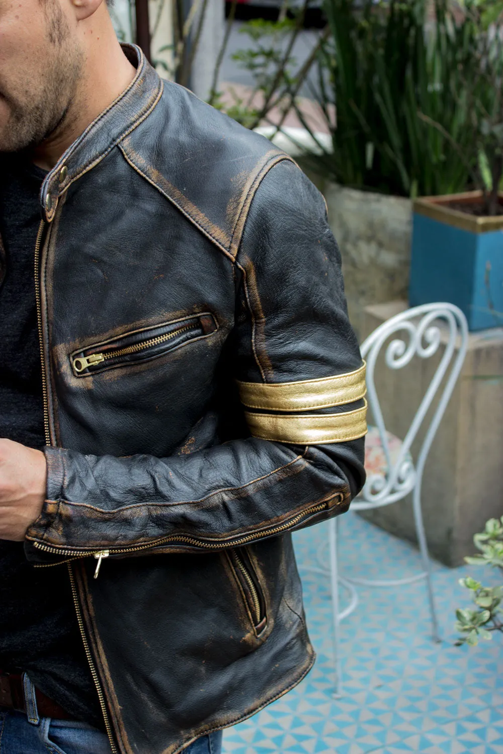 GOLD 19 Leather Jacket washed distressed black & gold stripes