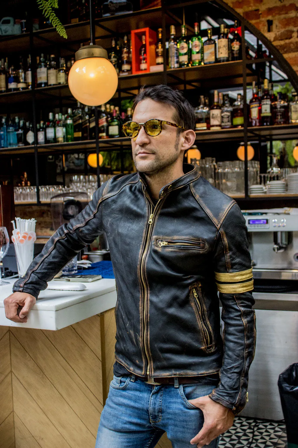GOLD 19 Leather Jacket washed distressed black & gold stripes