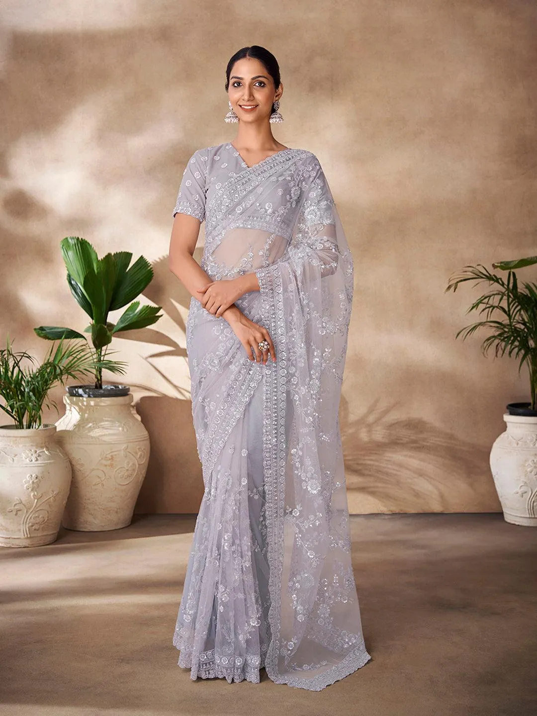 Grey color Embroidered and sequined saree