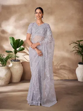 Grey color Embroidered and sequined saree