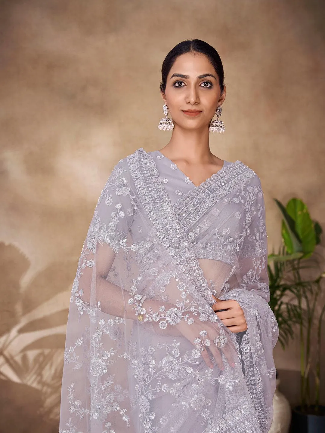 Grey color Embroidered and sequined saree