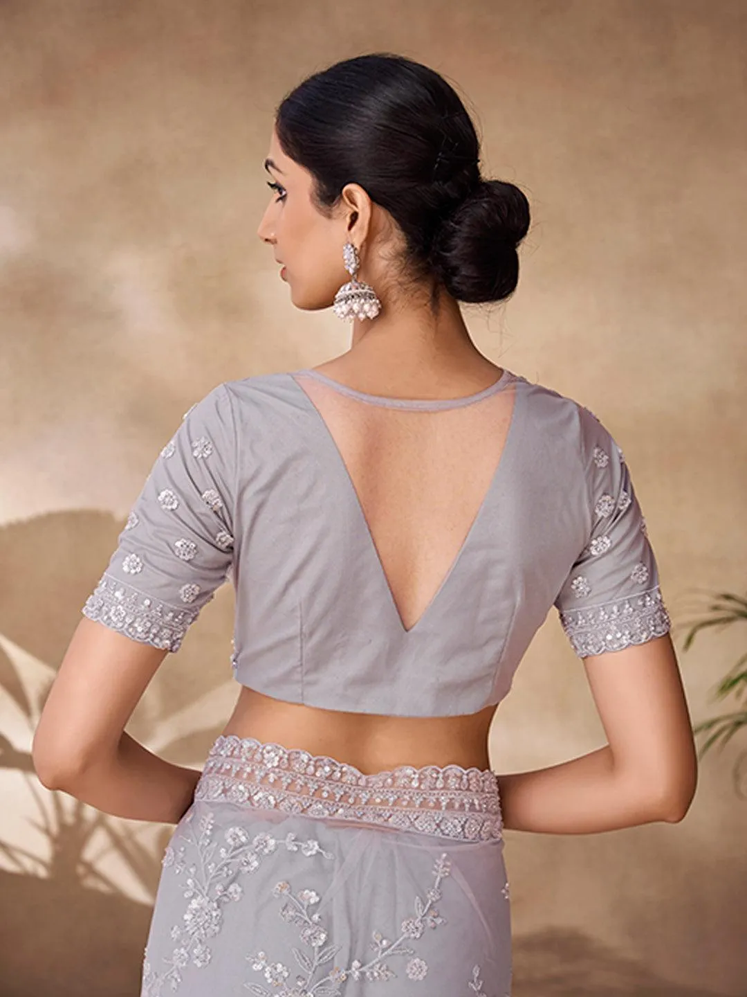 Grey color Embroidered and sequined saree