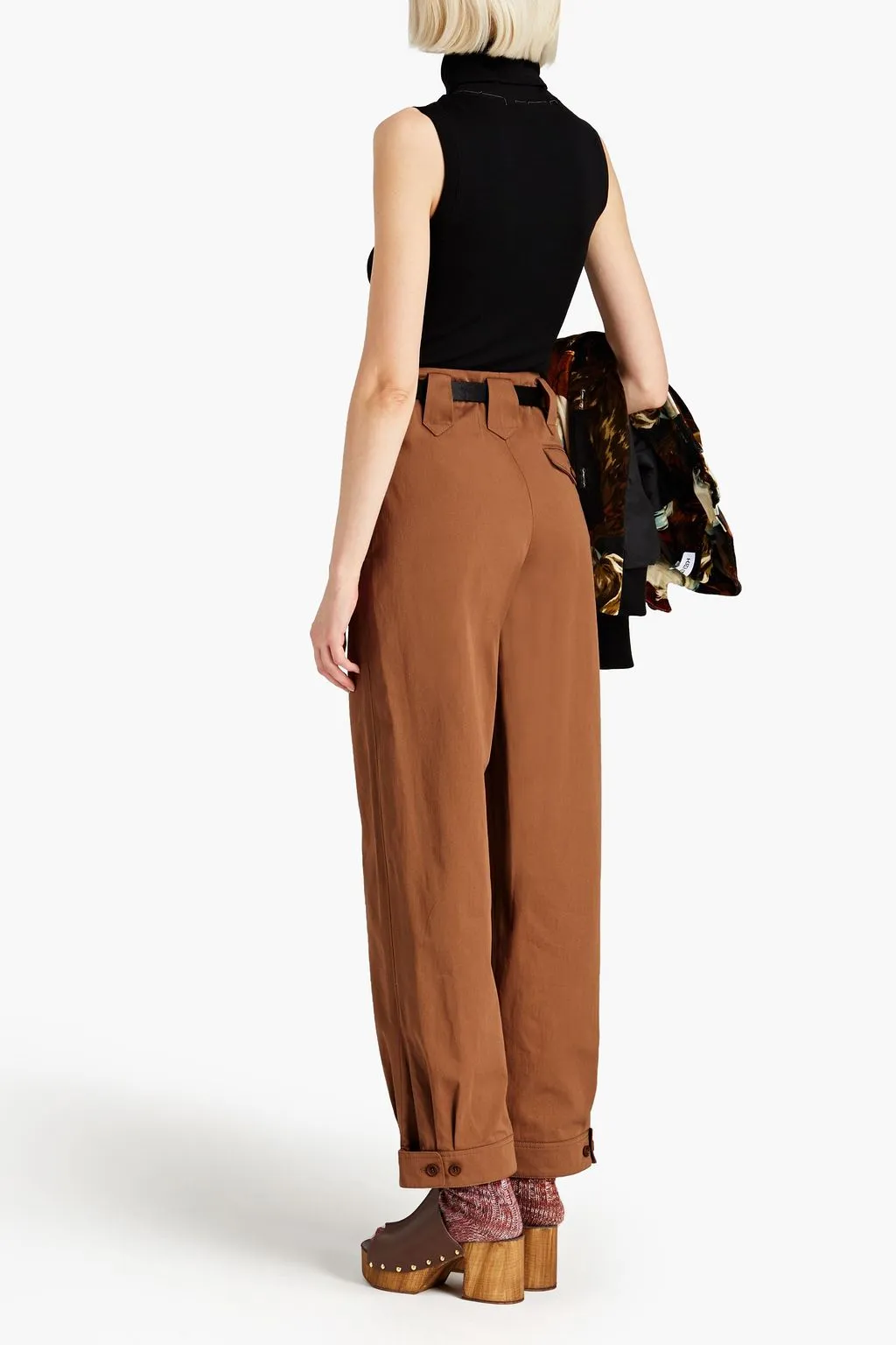 KENZO Cotton Twill Pleated Tapered Pants, Brown