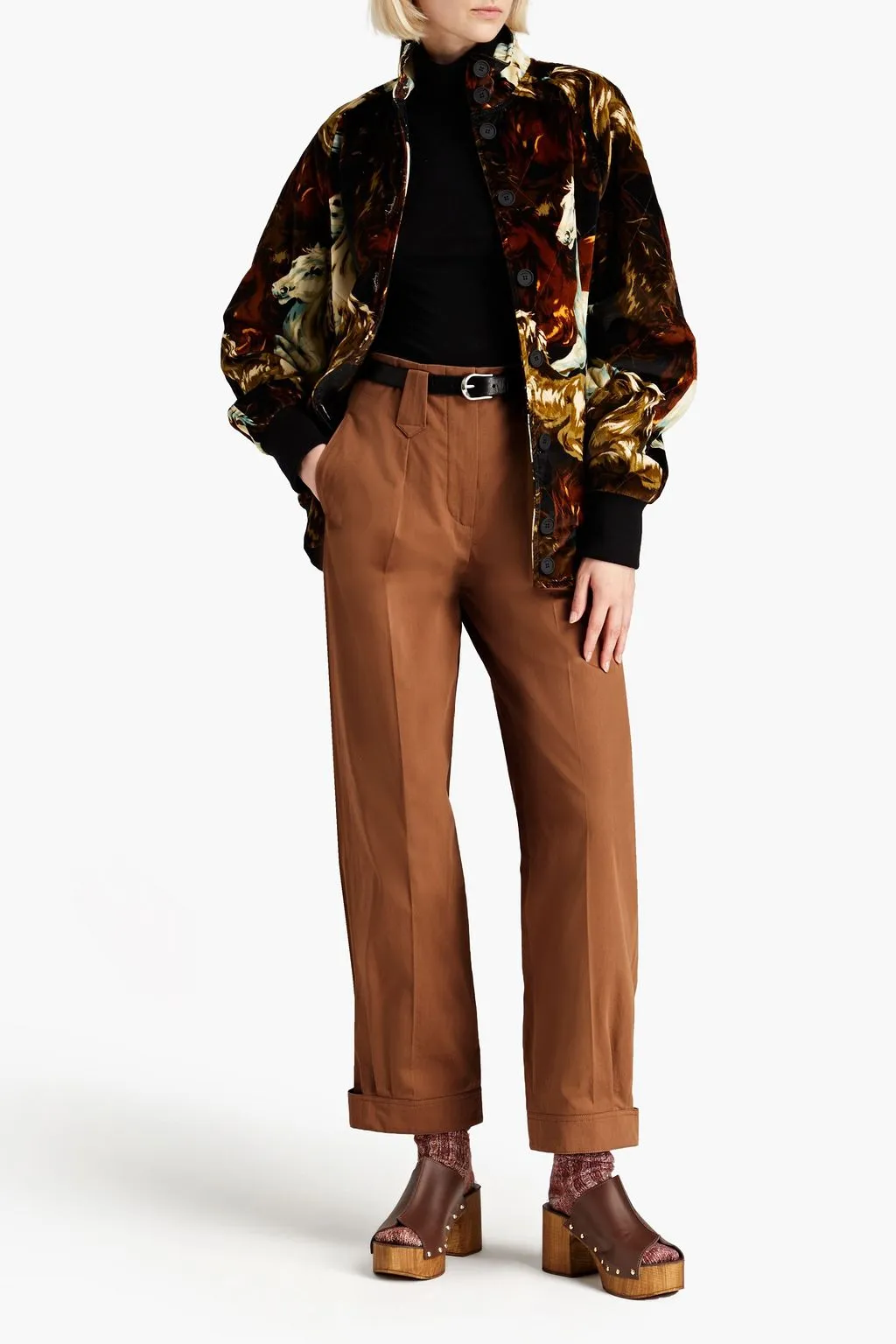 KENZO Cotton Twill Pleated Tapered Pants, Brown