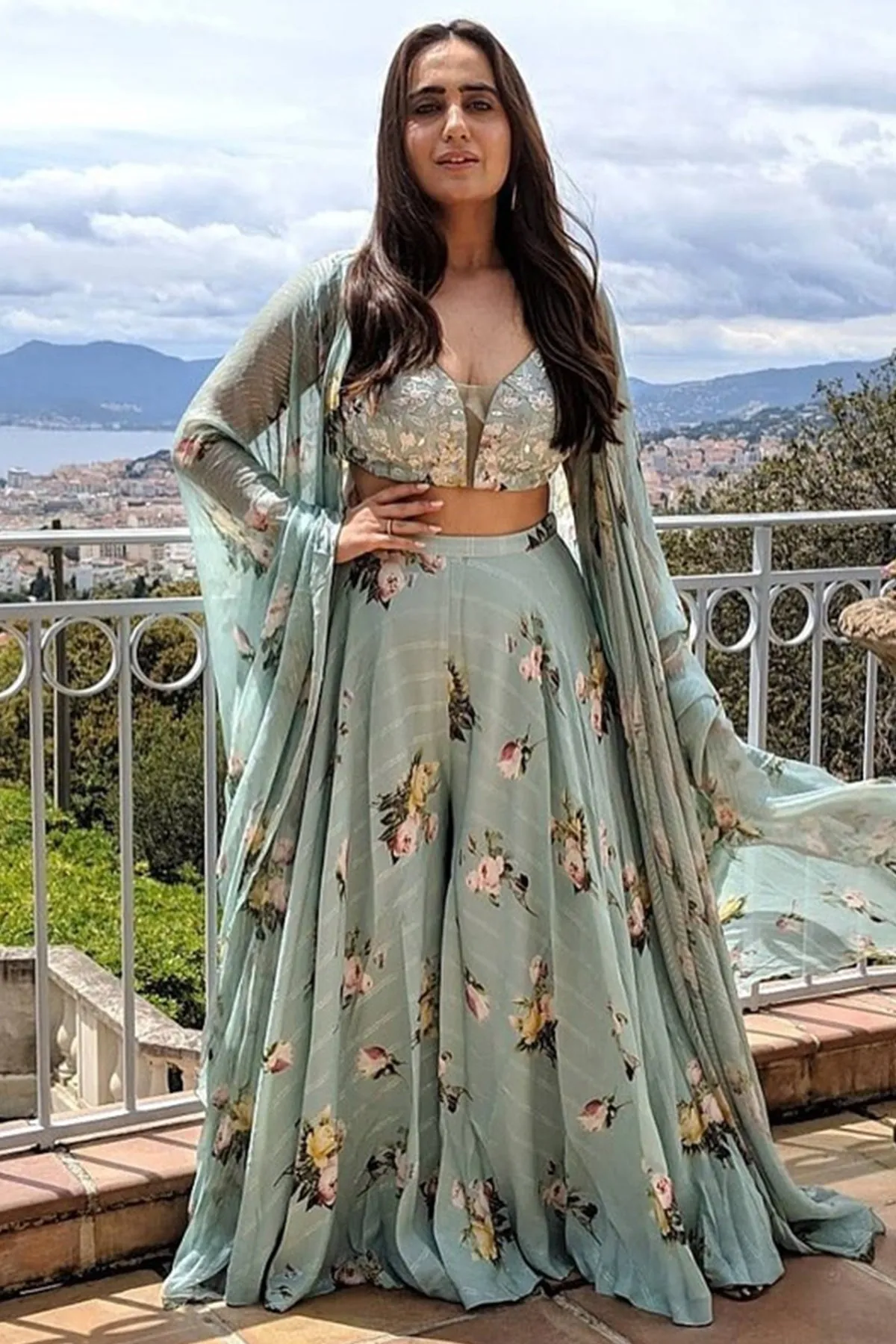 Kusha kapila in aquamarine cape palazzo set