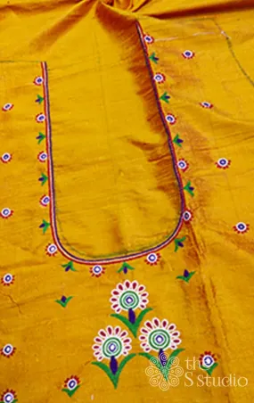 Kutch embroidered mustard raw silk blouse material