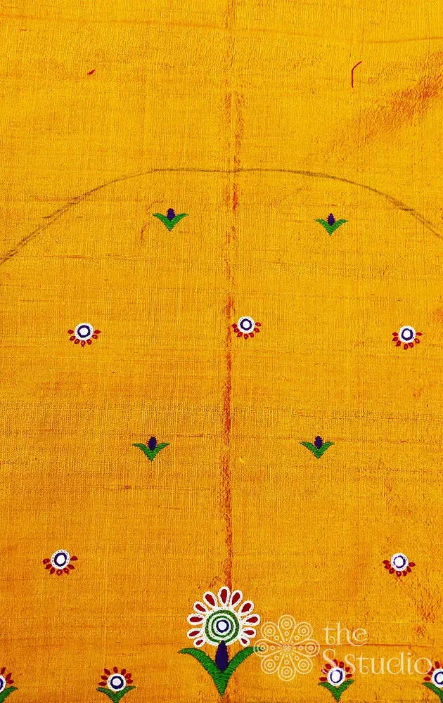 Kutch embroidered mustard raw silk blouse material