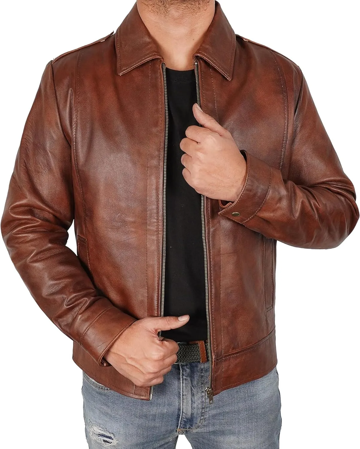 LAMBSKIN LEATHER JACKET MEN MOTORCYCLE Distressed Brown Vintage Style Biker Coat for Adults