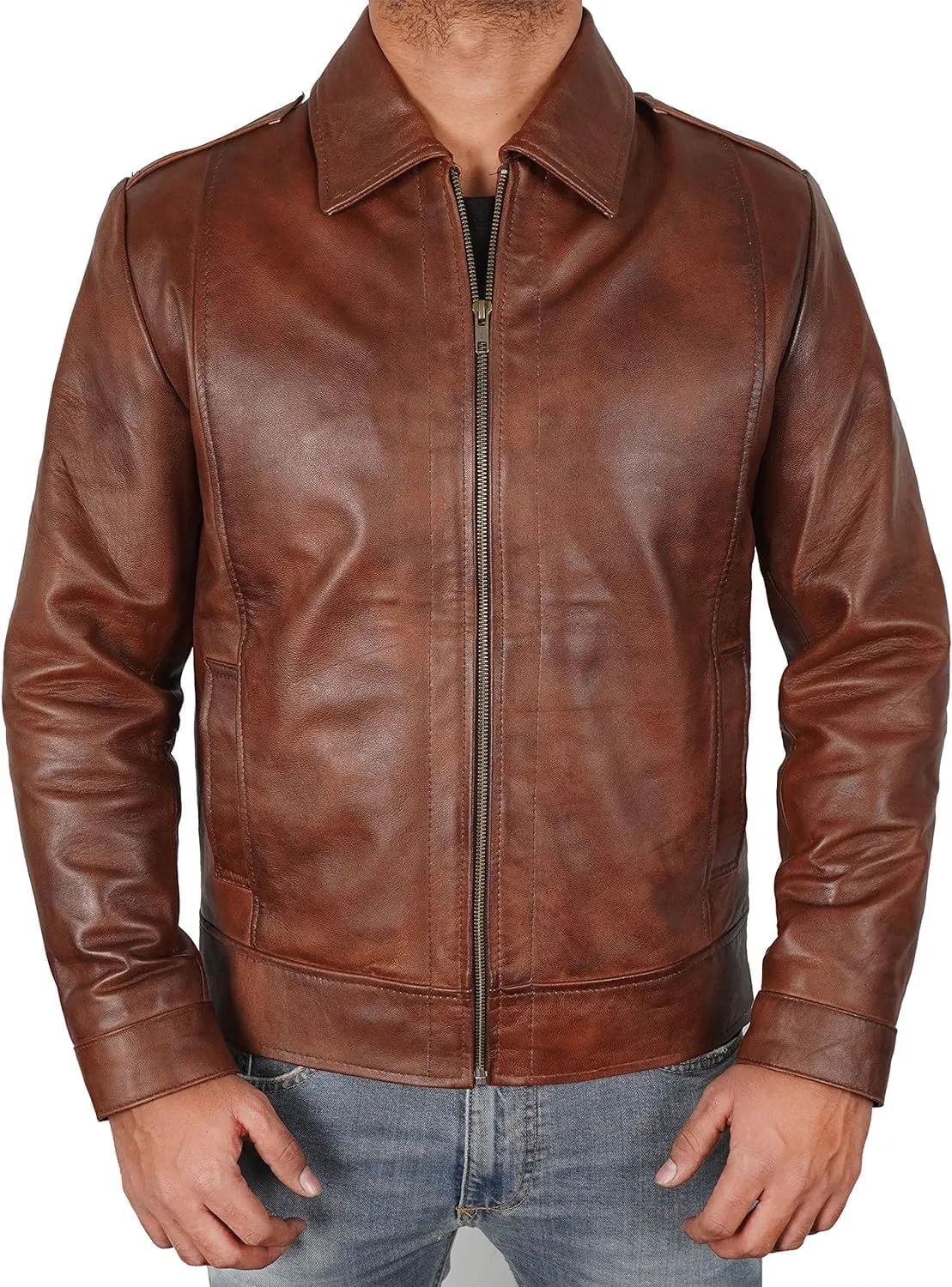 LAMBSKIN LEATHER JACKET MEN MOTORCYCLE Distressed Brown Vintage Style Biker Coat for Adults