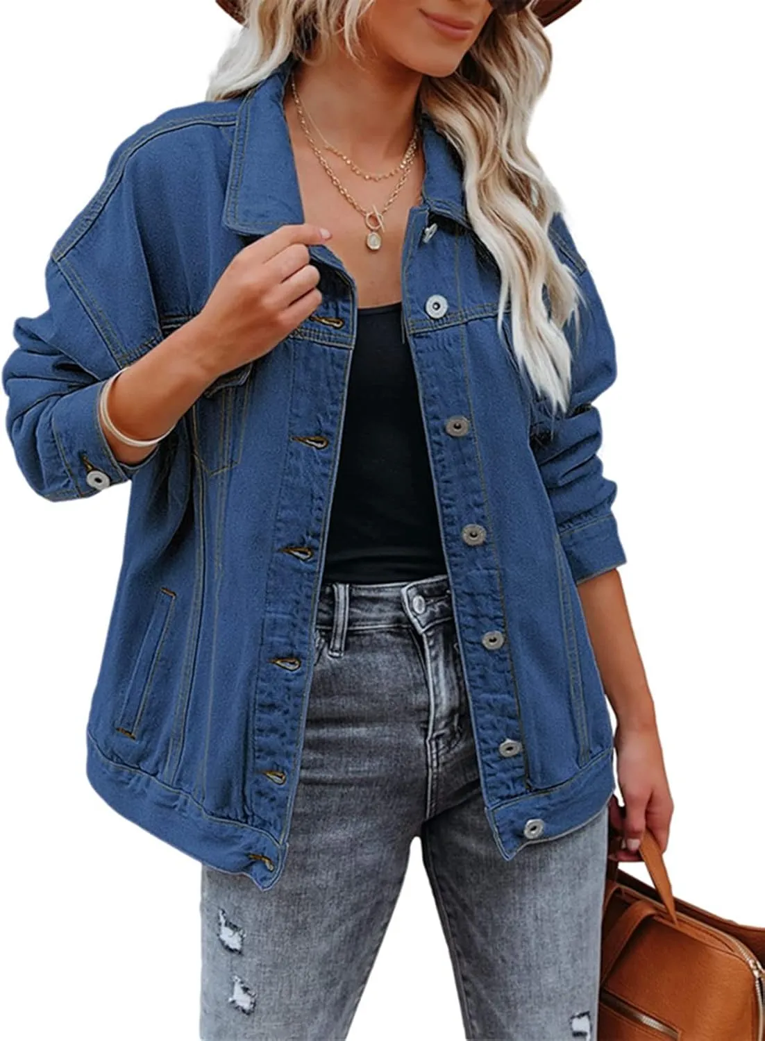 LifeShe Women's Oversized Denim Jacket Boyfriend Distressed Trucker Jean Jacket Coat