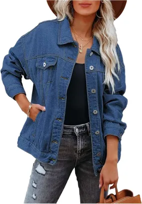 LifeShe Women's Oversized Denim Jacket Boyfriend Distressed Trucker Jean Jacket Coat