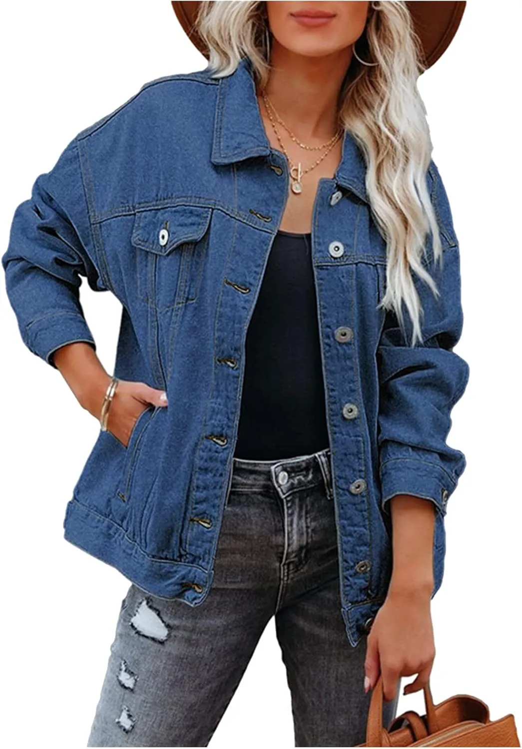 LifeShe Women's Oversized Denim Jacket Boyfriend Distressed Trucker Jean Jacket Coat