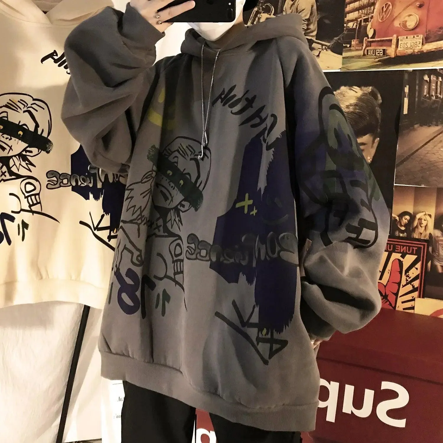 Loose Hooded Sweater with Geometric Print