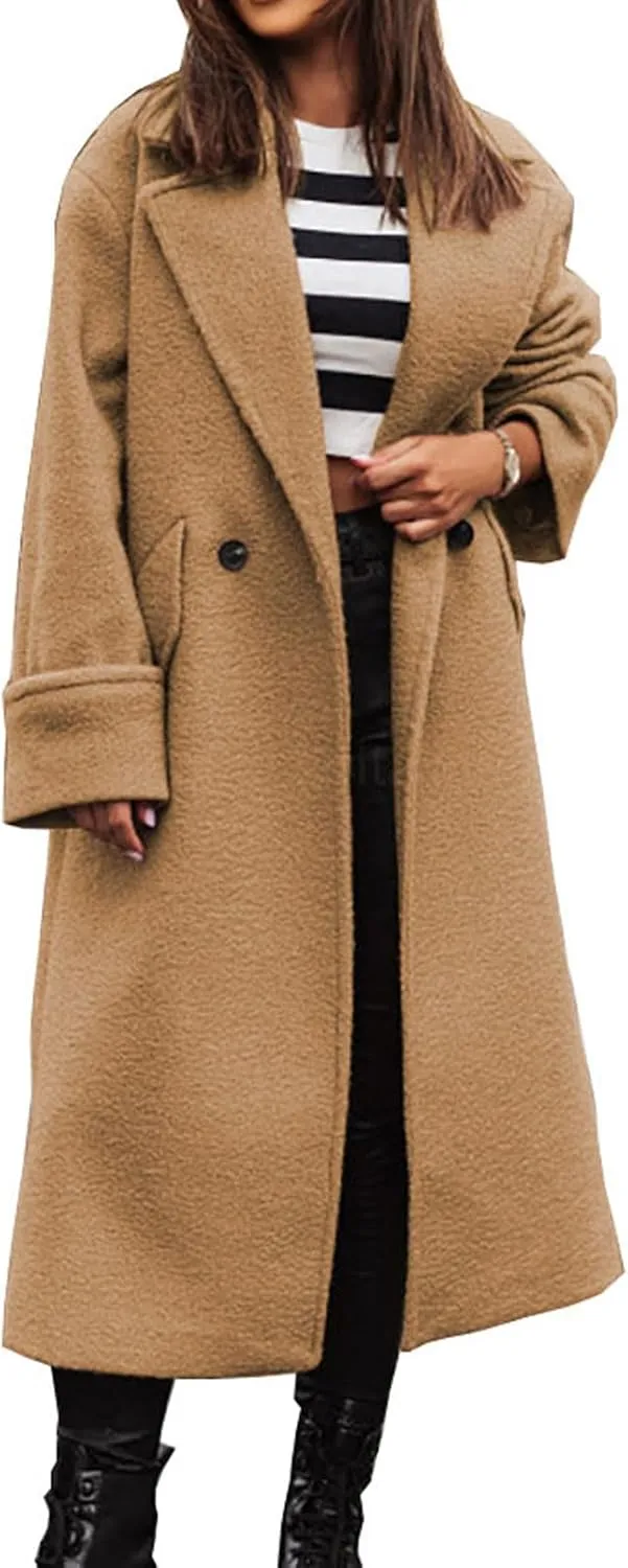 loveimgs Women Double Breasted Long Wool Coat Trench Coat Overcoat Notched Collar Winter Woolen Pea Coat Jacket