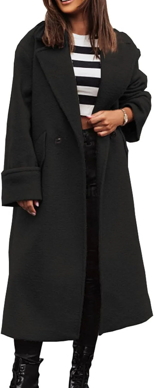 loveimgs Women Double Breasted Long Wool Coat Trench Coat Overcoat Notched Collar Winter Woolen Pea Coat Jacket