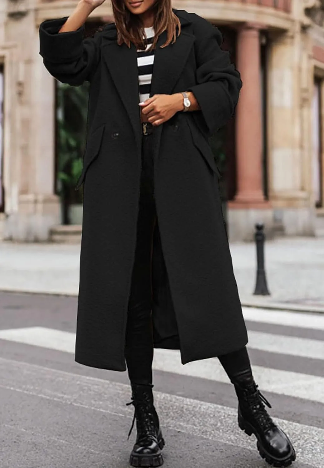 loveimgs Women Double Breasted Long Wool Coat Trench Coat Overcoat Notched Collar Winter Woolen Pea Coat Jacket