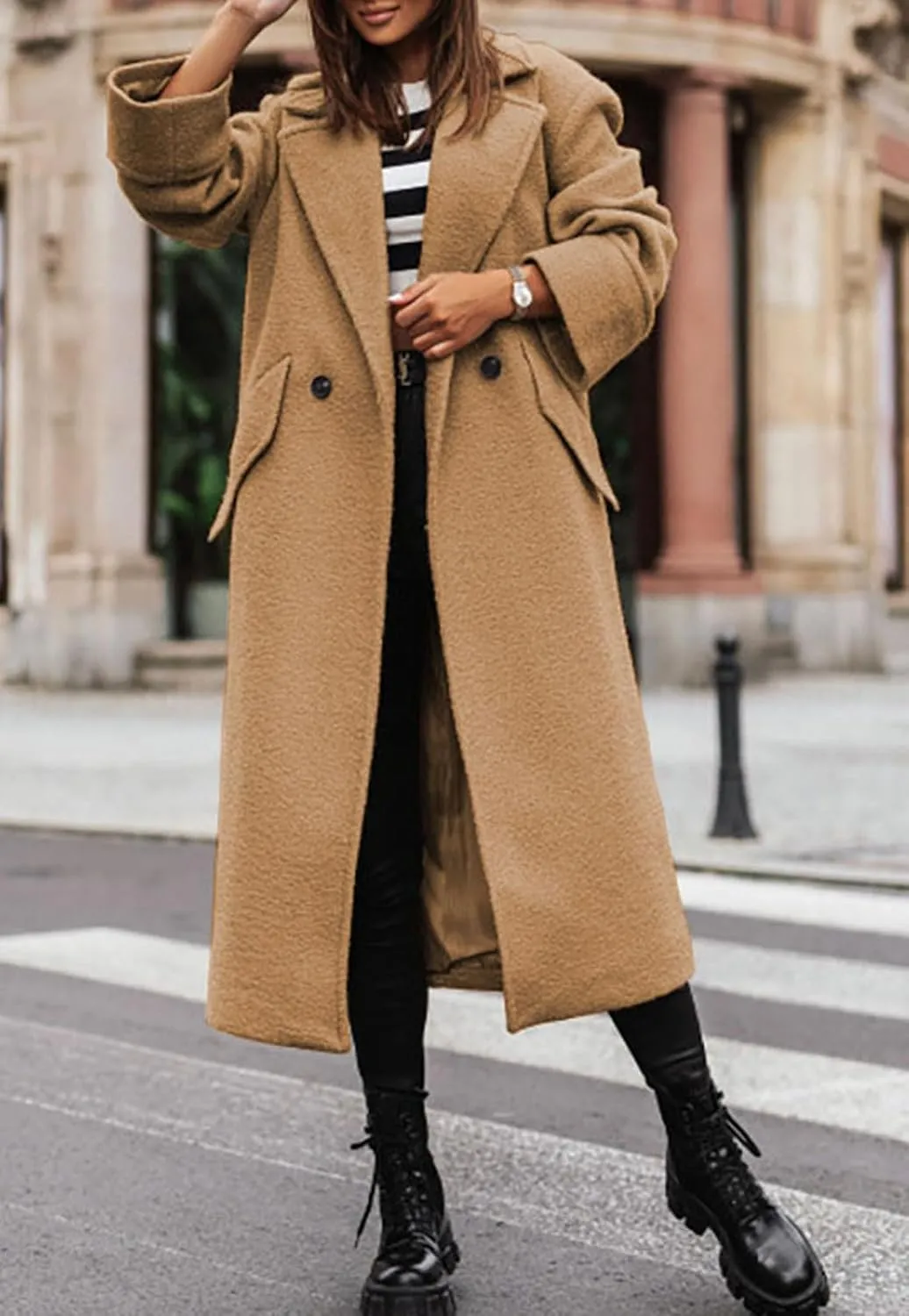 loveimgs Women Double Breasted Long Wool Coat Trench Coat Overcoat Notched Collar Winter Woolen Pea Coat Jacket