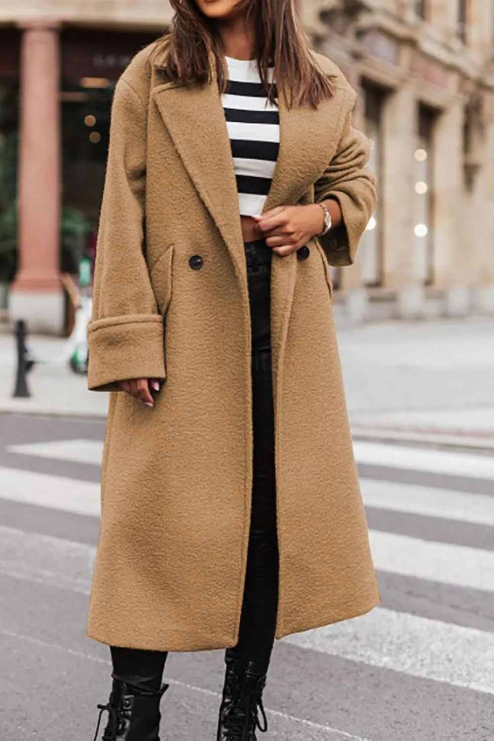 loveimgs Women Double Breasted Long Wool Coat Trench Coat Overcoat Notched Collar Winter Woolen Pea Coat Jacket