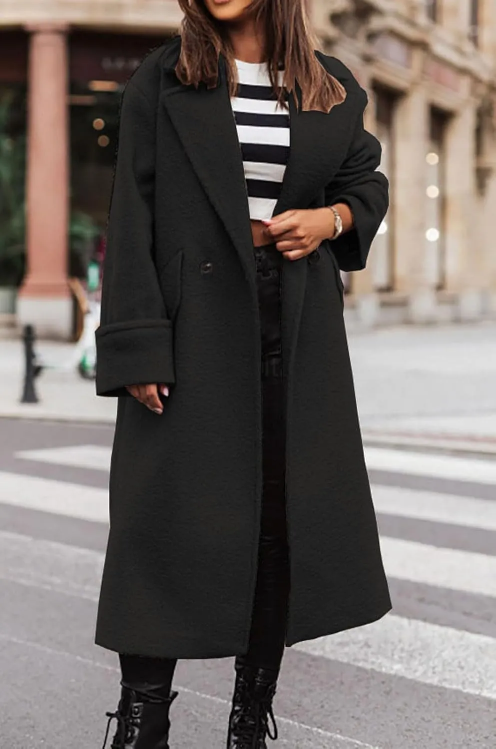 loveimgs Women Double Breasted Long Wool Coat Trench Coat Overcoat Notched Collar Winter Woolen Pea Coat Jacket