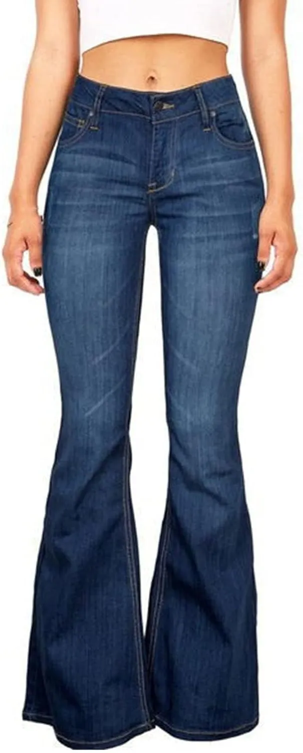 Maiyifu-GJ Bell Bottom Jeans for Women Retro Wide Leg Fitted Denim Pants Classic Mid Rise Slim Fit Flare Jeans (Blue,X-Large)